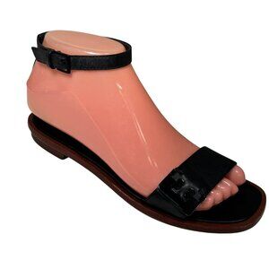 Tory Burch Gabrielle Flat Ankle Strap Sandals Black Logo Women's 6 M